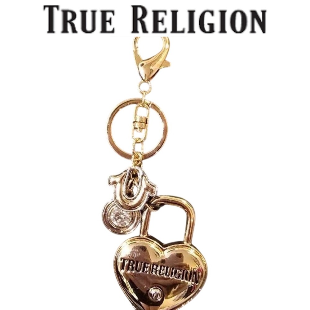 True Religion Gold Logo Heart Lock & Horseshoe Keychain/Bag Charm